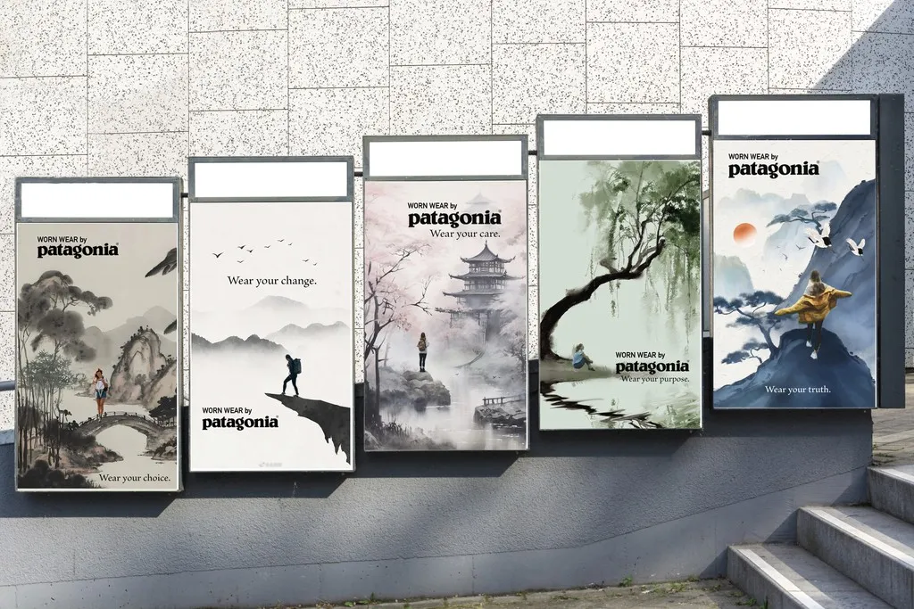 Patagonia watercolor-style poster mockup in a city setting